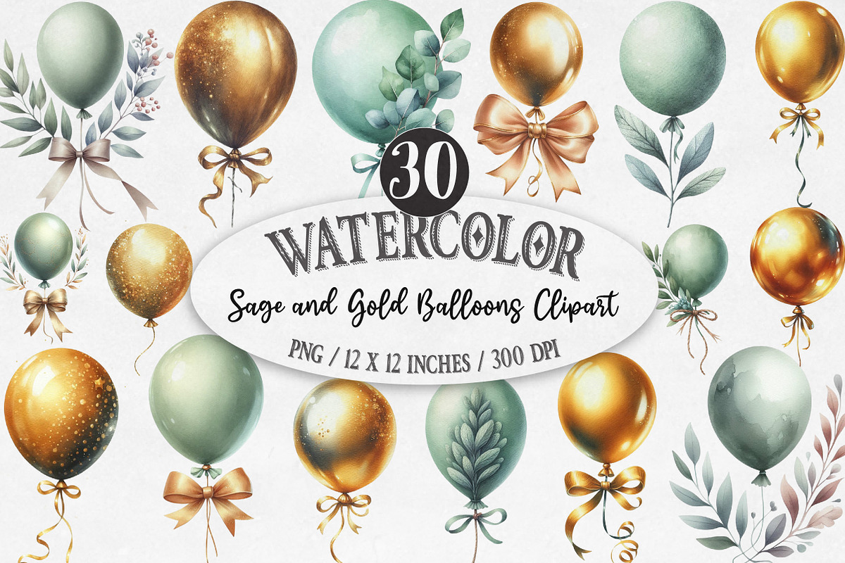Sage and Gold Balloons Clipart, an Illustration by Designking (Photo 1 of 5)