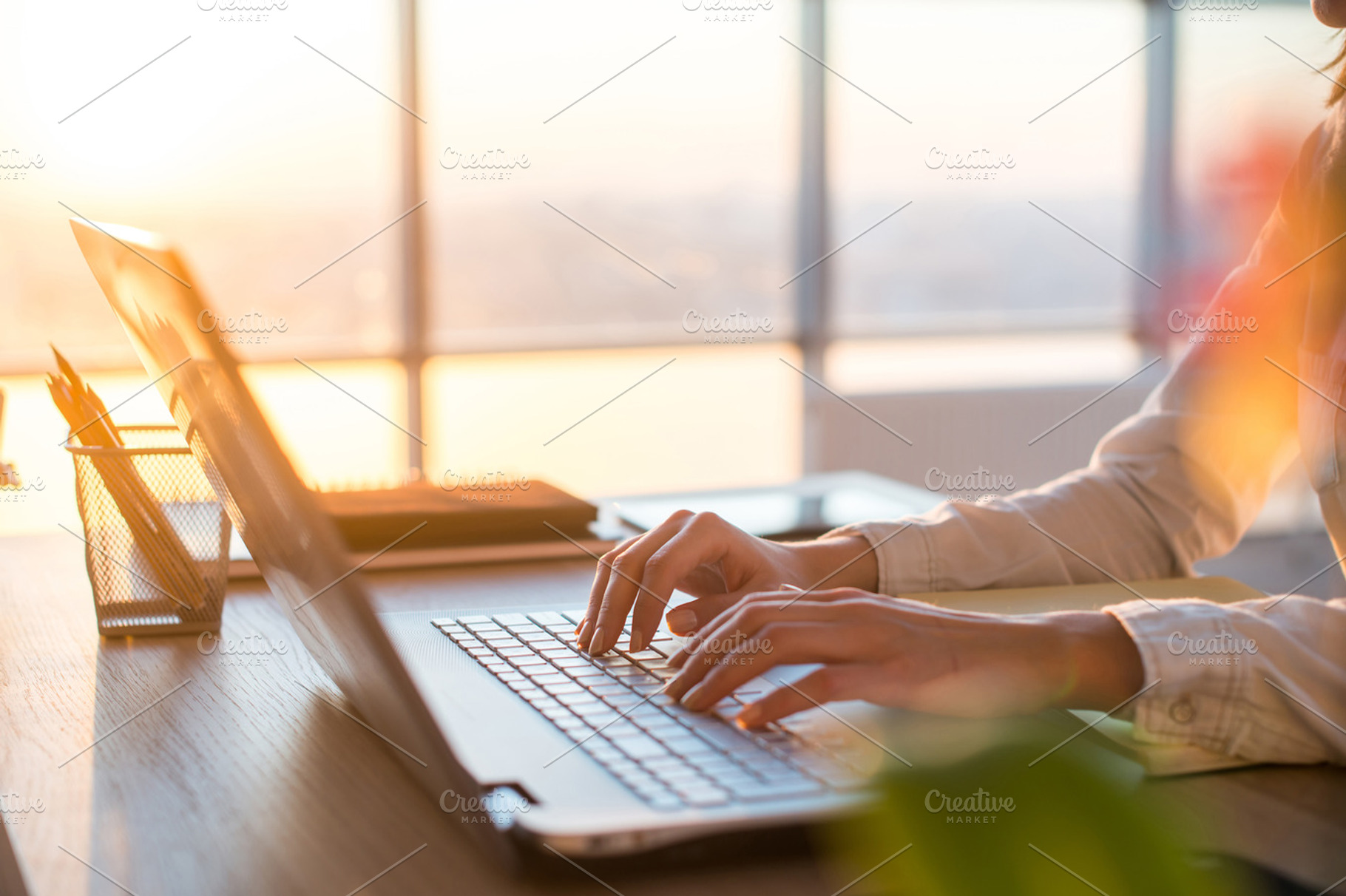 Adult businesswoman working at home using computer studying business ideas on, a School & Education Photo by undrey