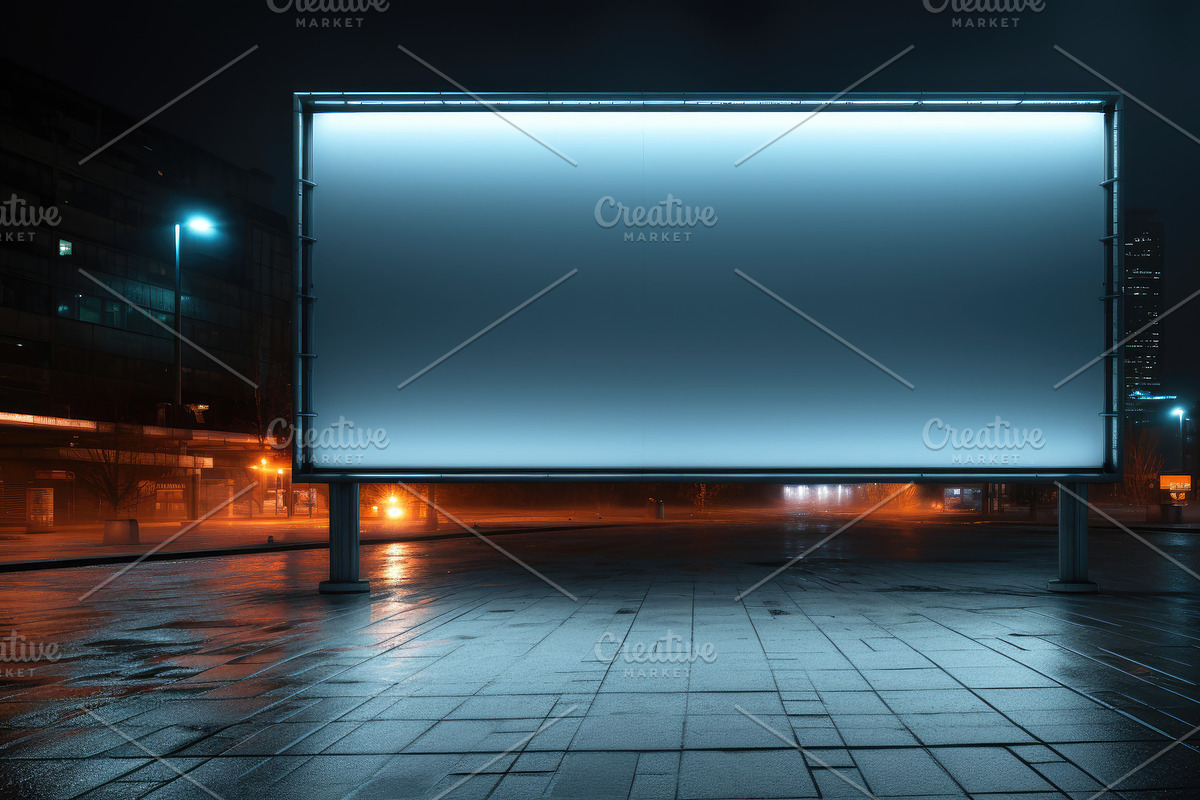 Blank big billboard on street at nig, an Illustration by Lopatin Photo
