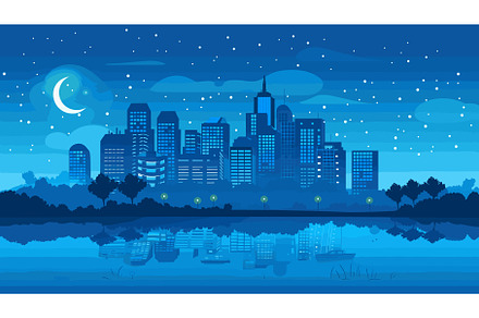 Nighttime cityscape reflected water, an Object Illustration by Vectorstockersland