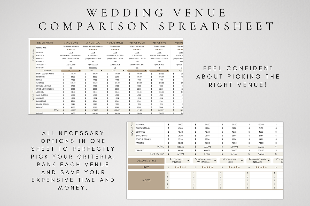 Wedding Venue Comparison Spreadsheet, a Templates Theme by
