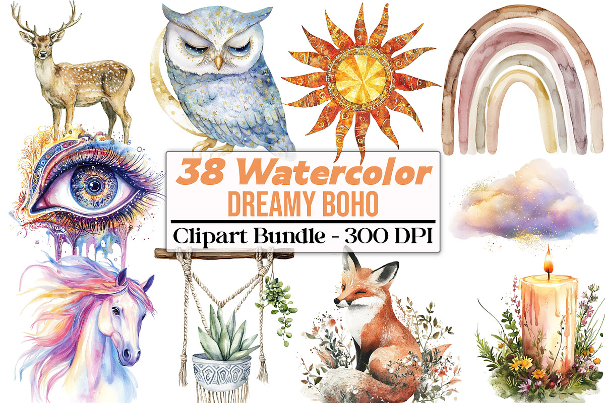Watercolor Dreamy Boho Clipart PNG, an Illustration by DreamCafeArt (Photo 1 of 5)