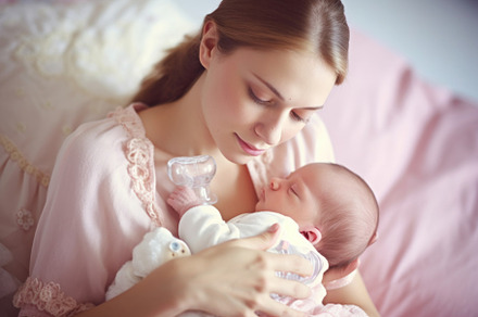 Beautiful young mother with her newborn baby at home, closeup. G, a Person Photo by AS photostudio