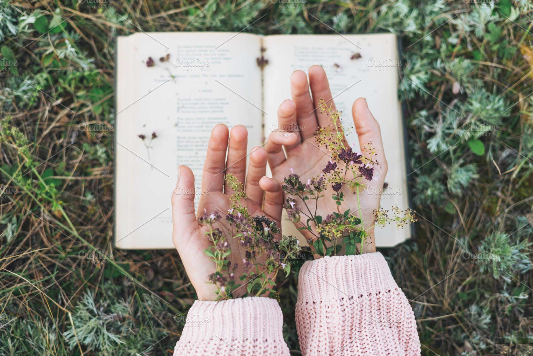 Female hands with flowers on book featuring literature, hand, and reading, an Abstract Photo by Galina_Zhigalova