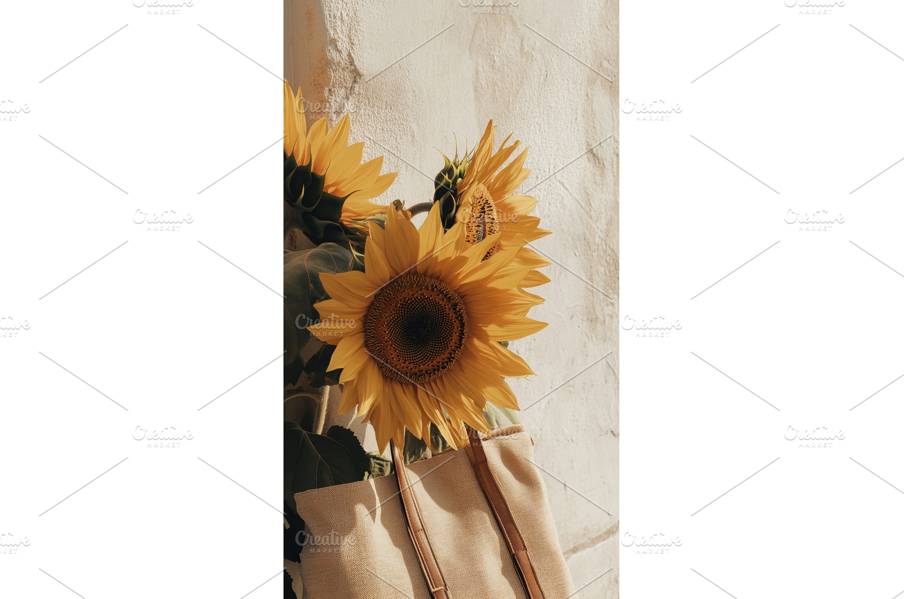 Sunflowers arranged near a bag, a Nature Photo by Beautiful things