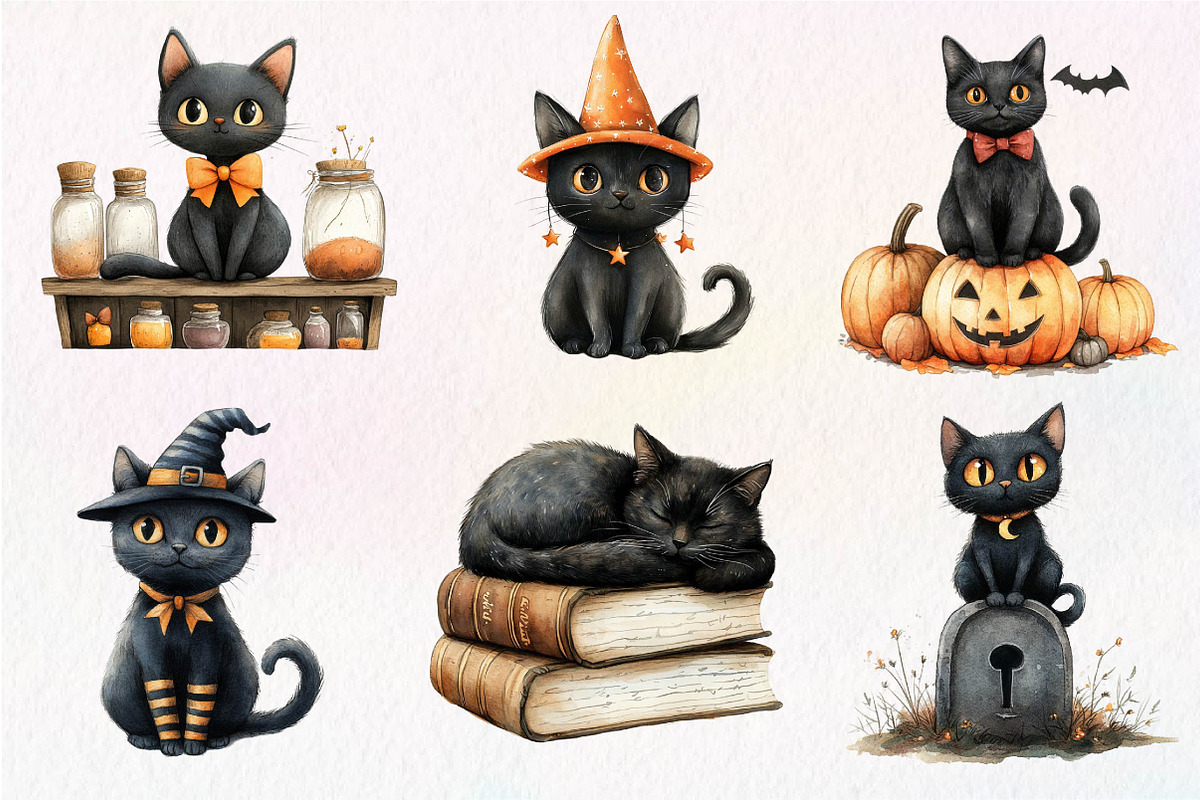 Halloween Whimsical Black Cat Clipar, an Illustration by Dream Creation (Photo 3 of 7)