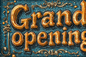 Festive Grand Opening Sign With Ornate Lettering Design