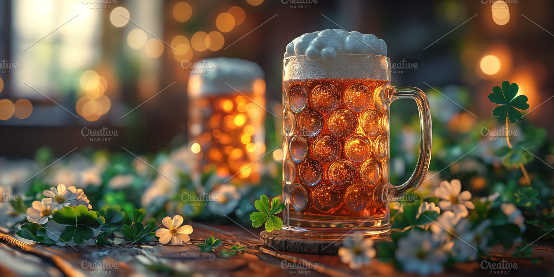 Two frothy mugs of beer adorned with clovers, set in a cozy, softly lit setting, a Person Photo by ImageMir
