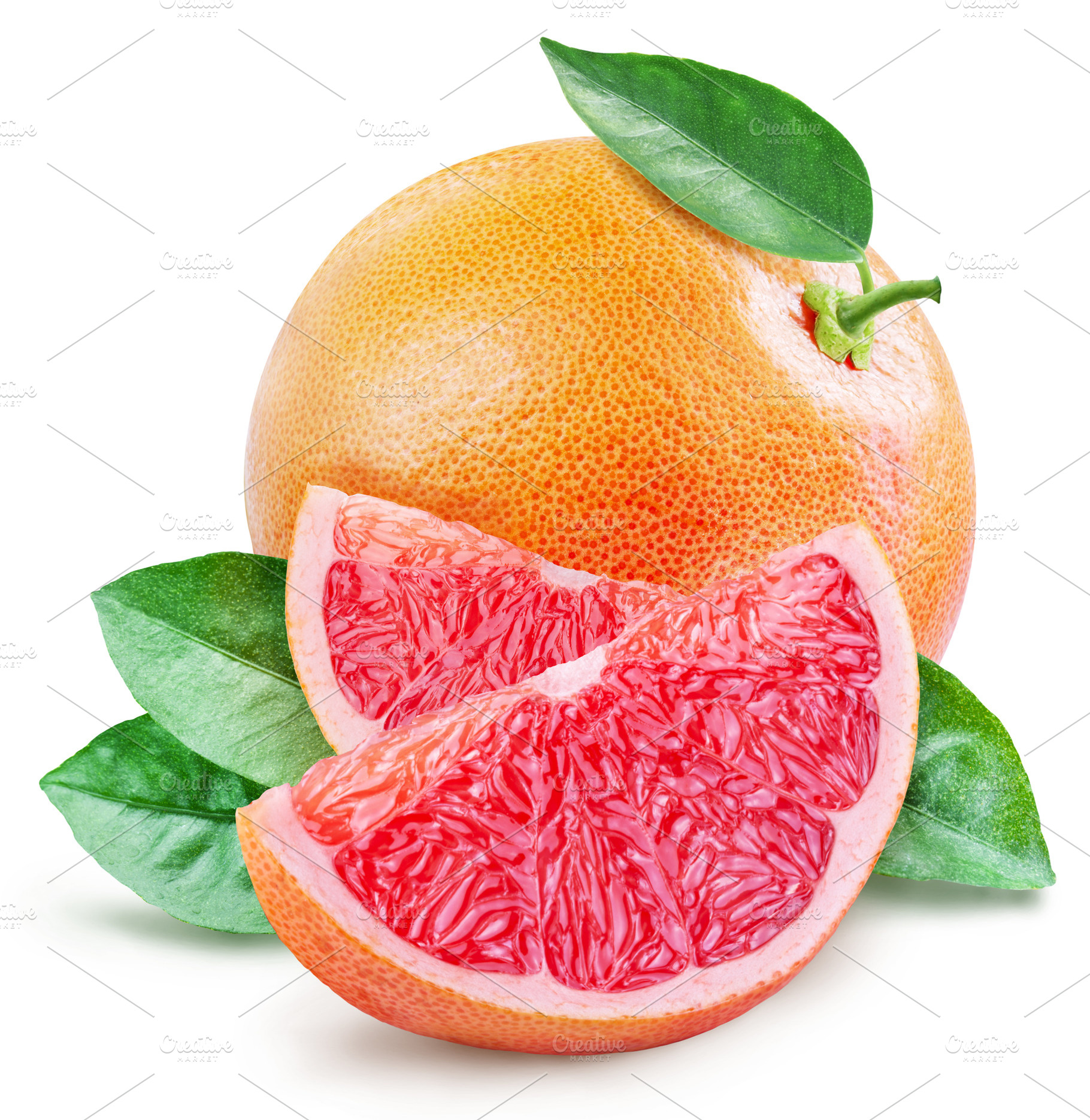 Grapefruit with green leaf and grapefruit slices on white backgr, a Food & Drink Photo by Volff