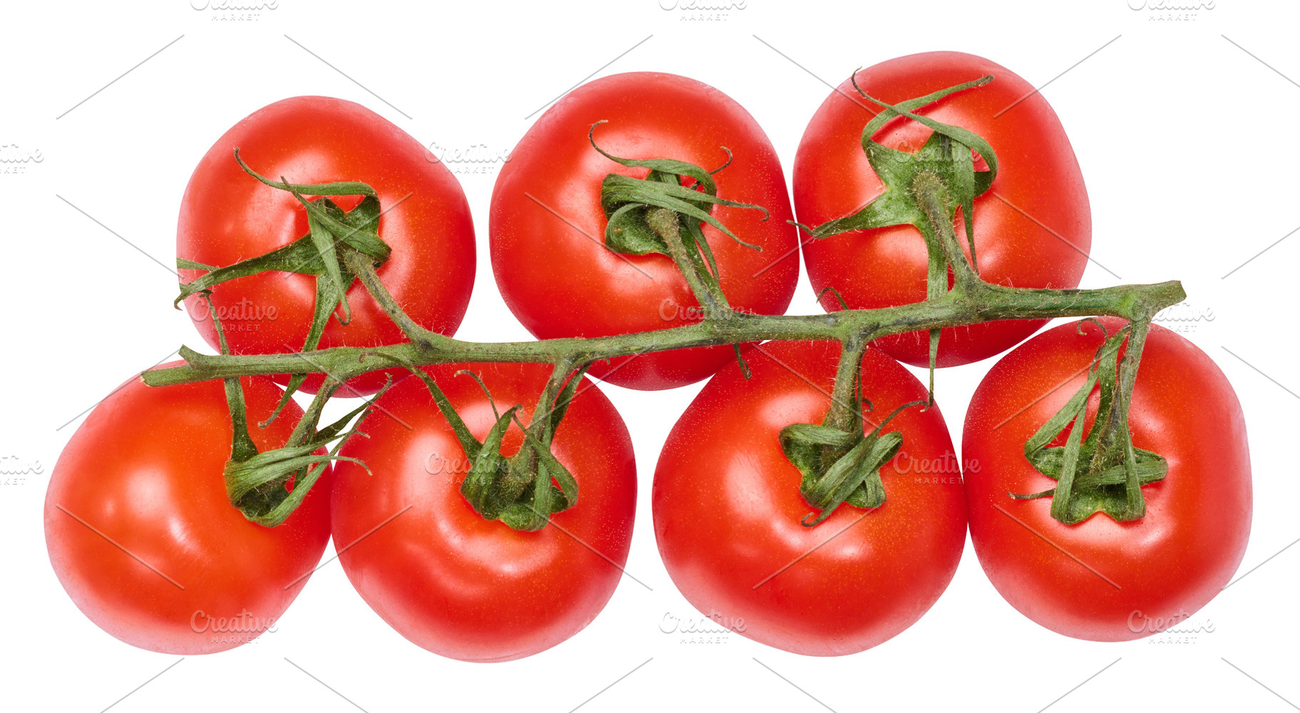 Fresh cherry tomatoes on the vine, isolated background. Juicy re, a Food & Drink Photo by ndanko