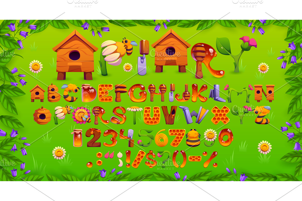Honey bee font letters, apiary, a Decorative Illustration by Vector Tradition
