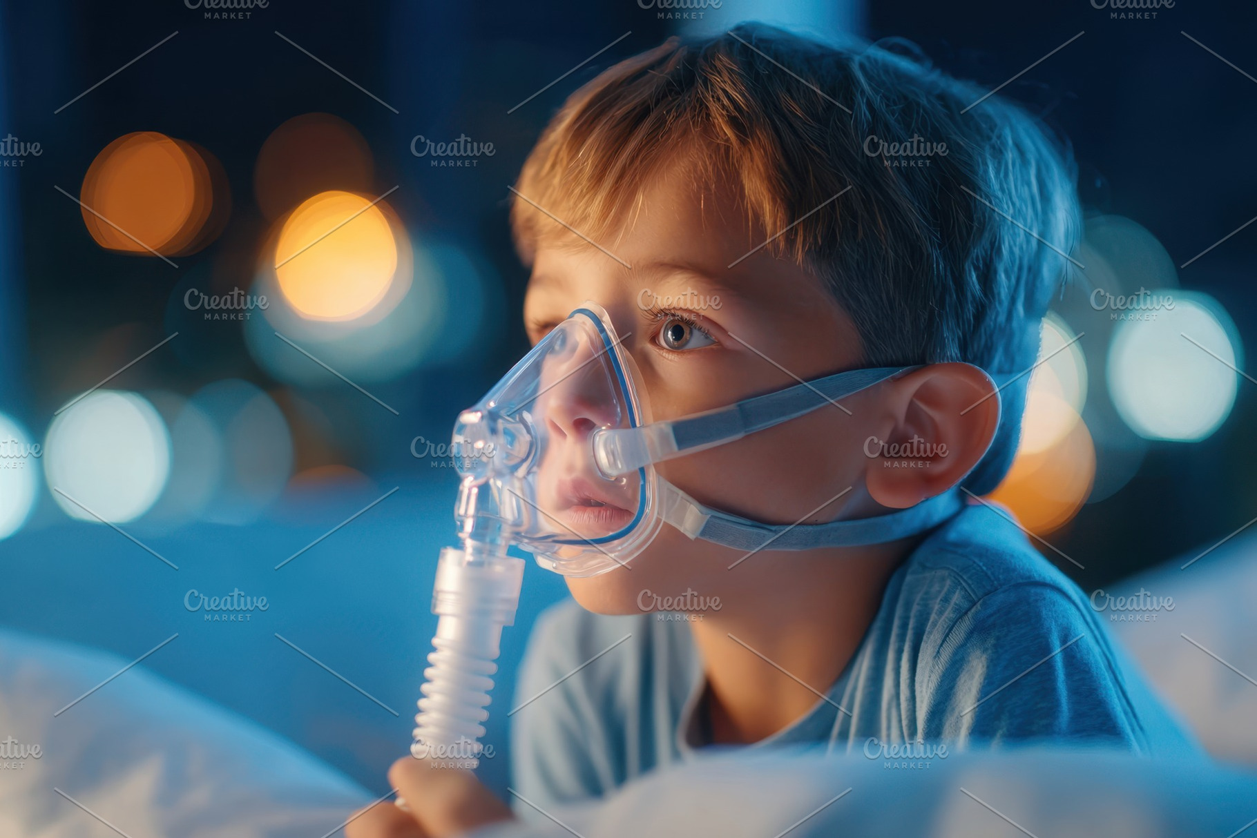 Young boy with breathing mask at night, a Health & Medical Photo by AlyaAnd