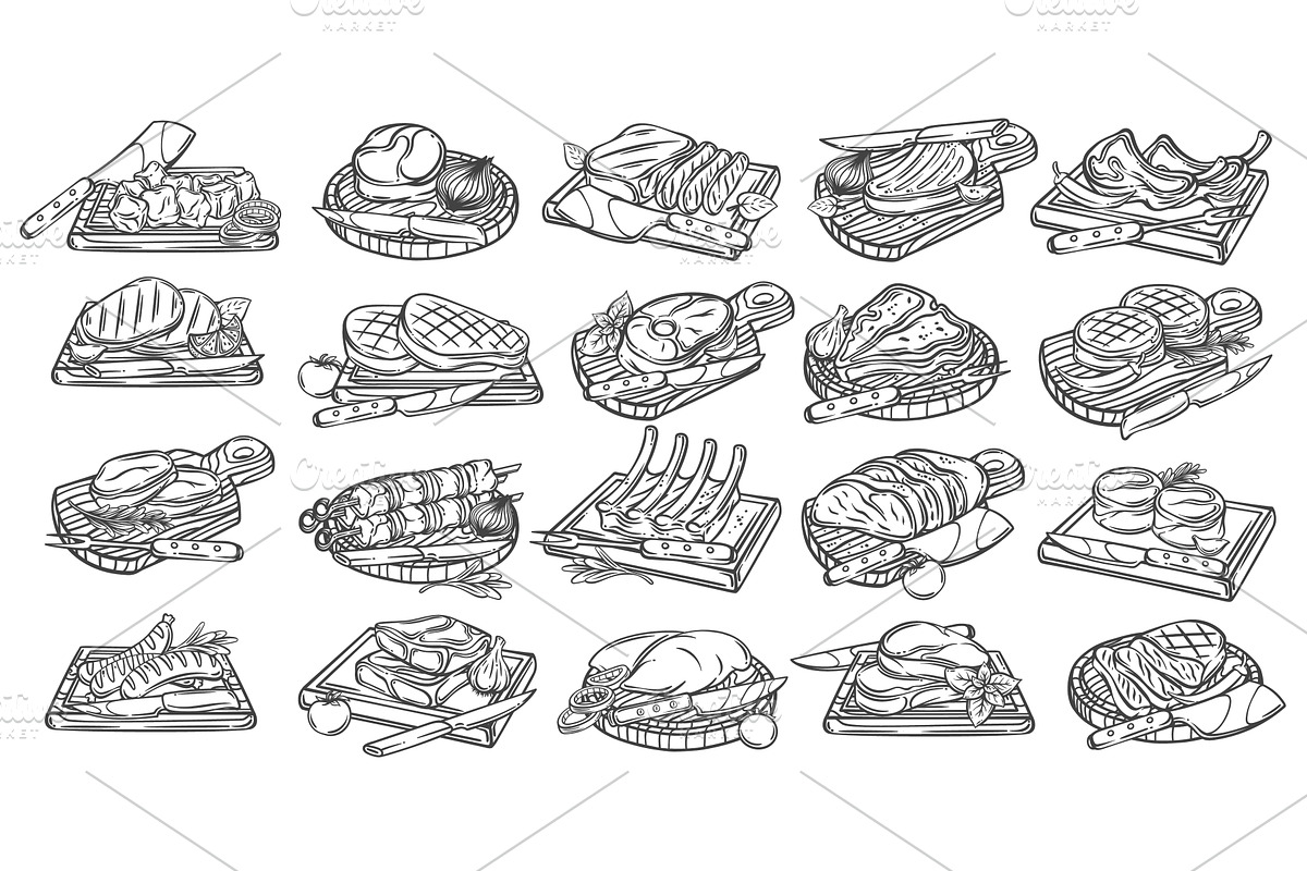 BBQ Meat on Wooden Boards Line Icons, a Food Illustration by VictoriaSergeeva