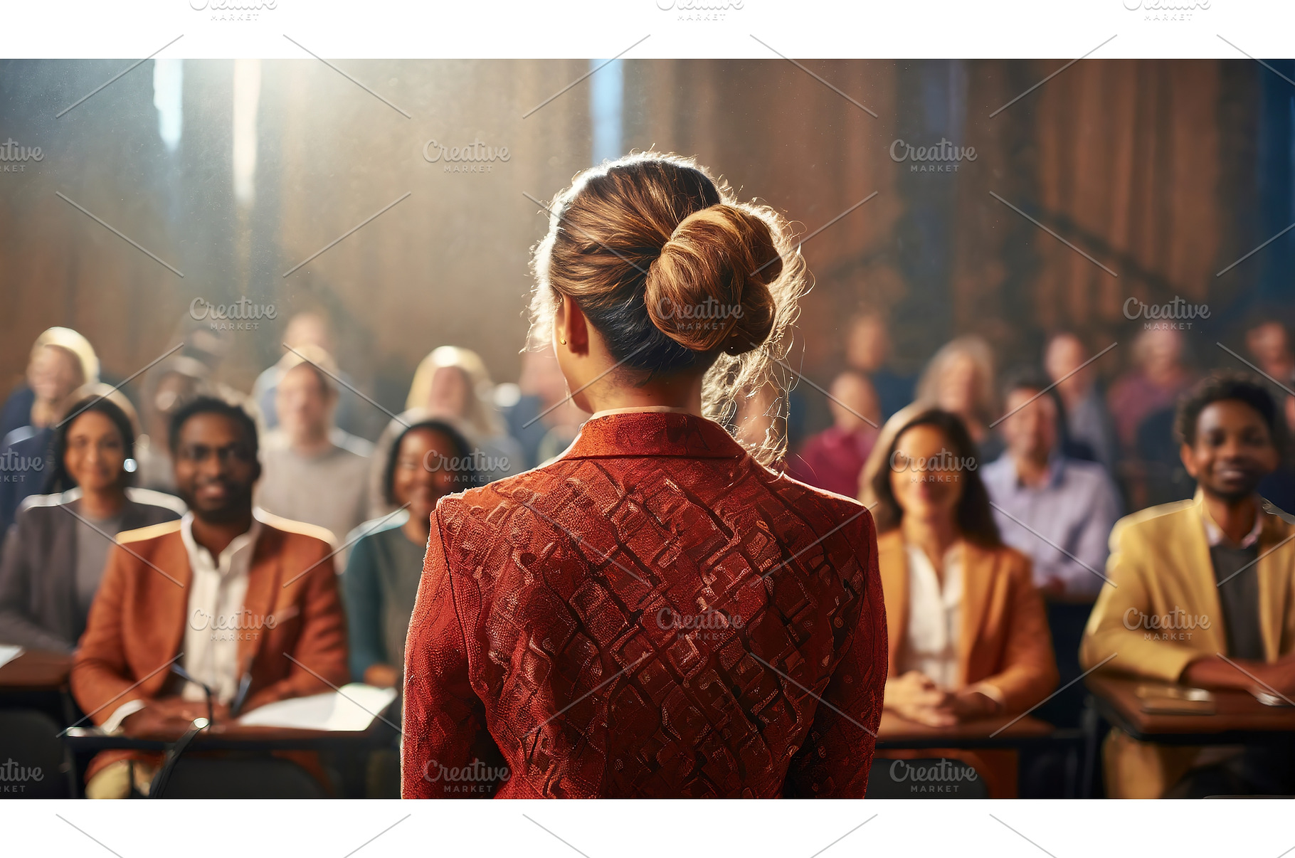 A woman speaker stands confidently, a Business Photo by Igor Tichonow