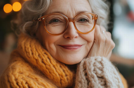 A smiling elderly woman with gray hair, wearing a cozy yellow and cream knitted, a Person Photo by Textures & Backgrounds