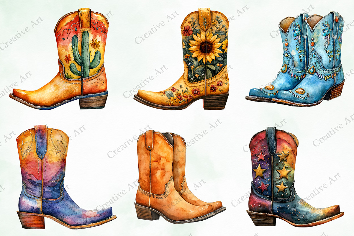 Western Boots Watercolor Clipart, an Illustration by Creative Art (Photo 4 of 10)