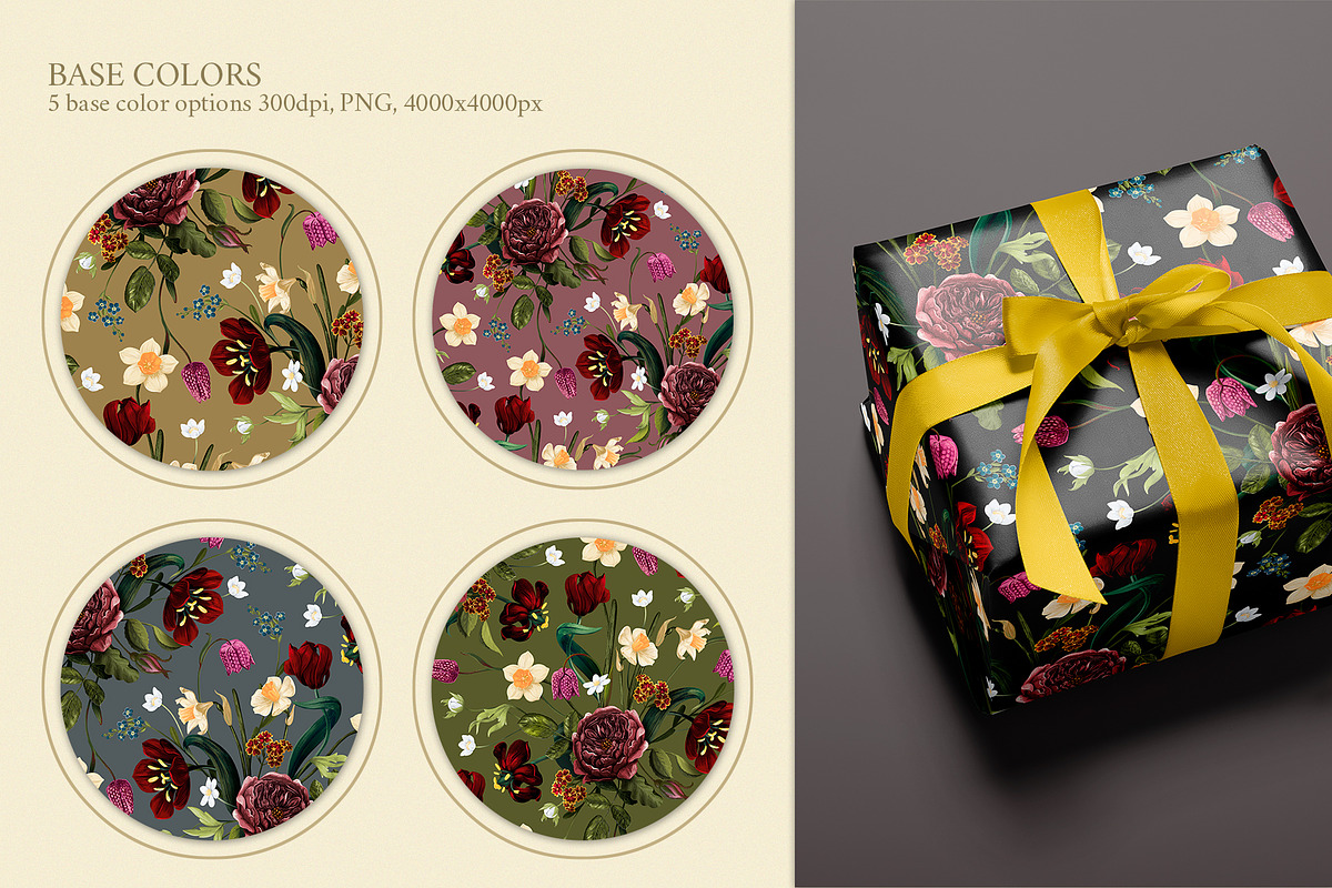 Dark Botanical Flowers pattern&motif, a Decorative Illustration by PenguinArtStudio (Photo 3 of 6)