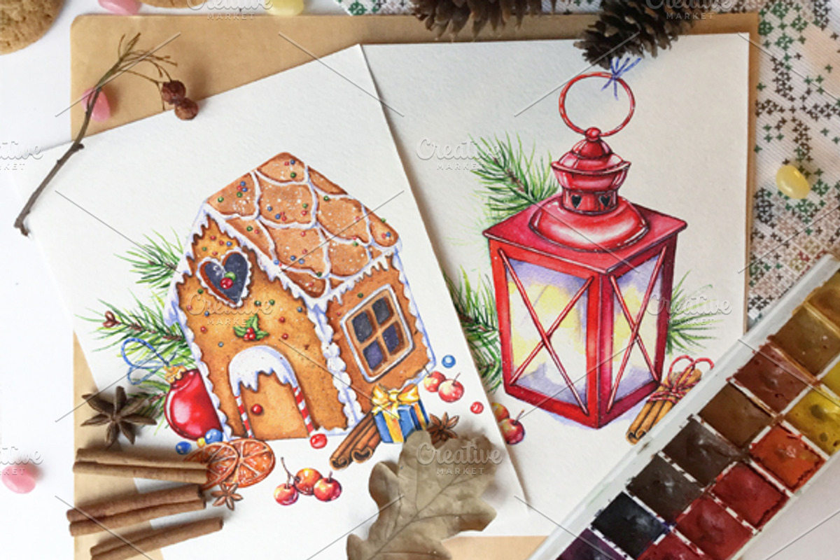 Christmas Watercolor Cards, a Decorative Illustration by Imaginasty (Photo 2 of 5)