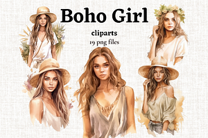 Watercolor Boho Girl Clipart