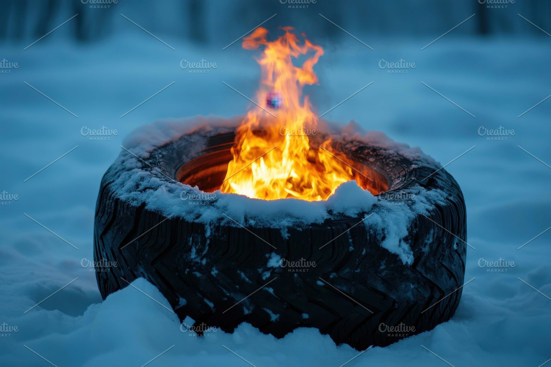 Fire in a snowy landscape inside a t, a Photo by Tanuart