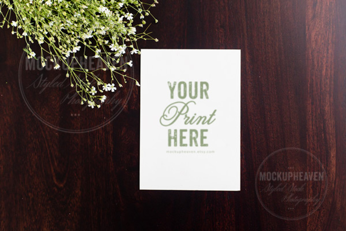 5x7 Card on Mahogany Mockup, a Print Template by MockUpHeaven