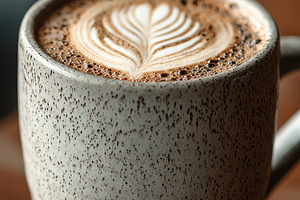 Latte art in speckled mug on wood ta, a Photo by Pixeness Studio