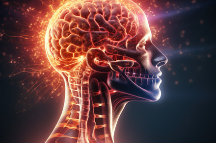 Pulsating areas of pain headache in the brain, illustration, a Photo by zakiroff