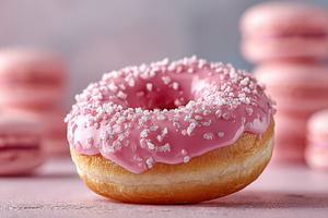 Pink donut with sprinkles and macaro, a Photo by Pixeness Studio