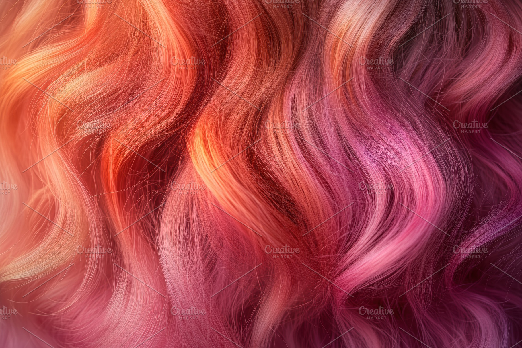 Close-up of vibrant, wavy hair featuring a gradient of colors from orange to pi, a Technology Photo by Textures & Backgrounds