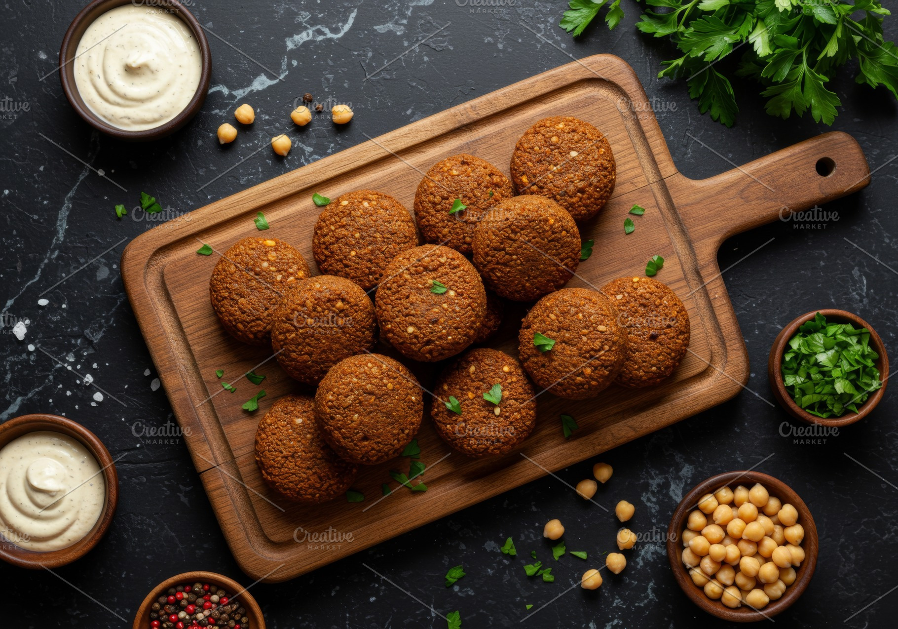 Crispy falafel arranged on wooden bo, a Food & Drink Photo by professorinc