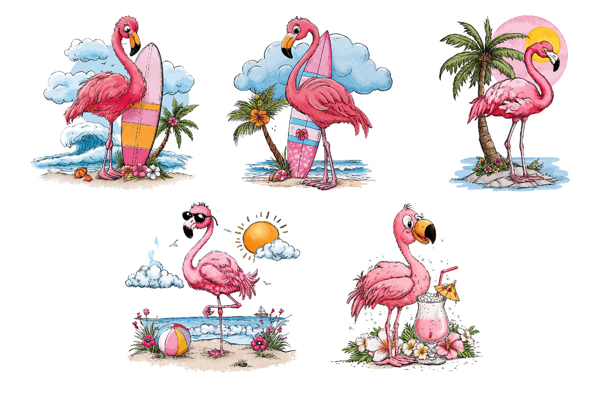 Watercolor Summer Flamingo Clipart, an Illustration by Dream Creation (Photo 5 of 7)