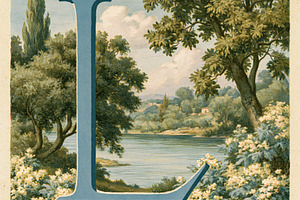 Letter L with classic landscape painting, depicting a river, tre, a Photo by Studio ANNA