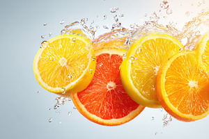 Fresh orange and grapefruit slices with water splash, a Food & Drink Photo by AlyaAnd