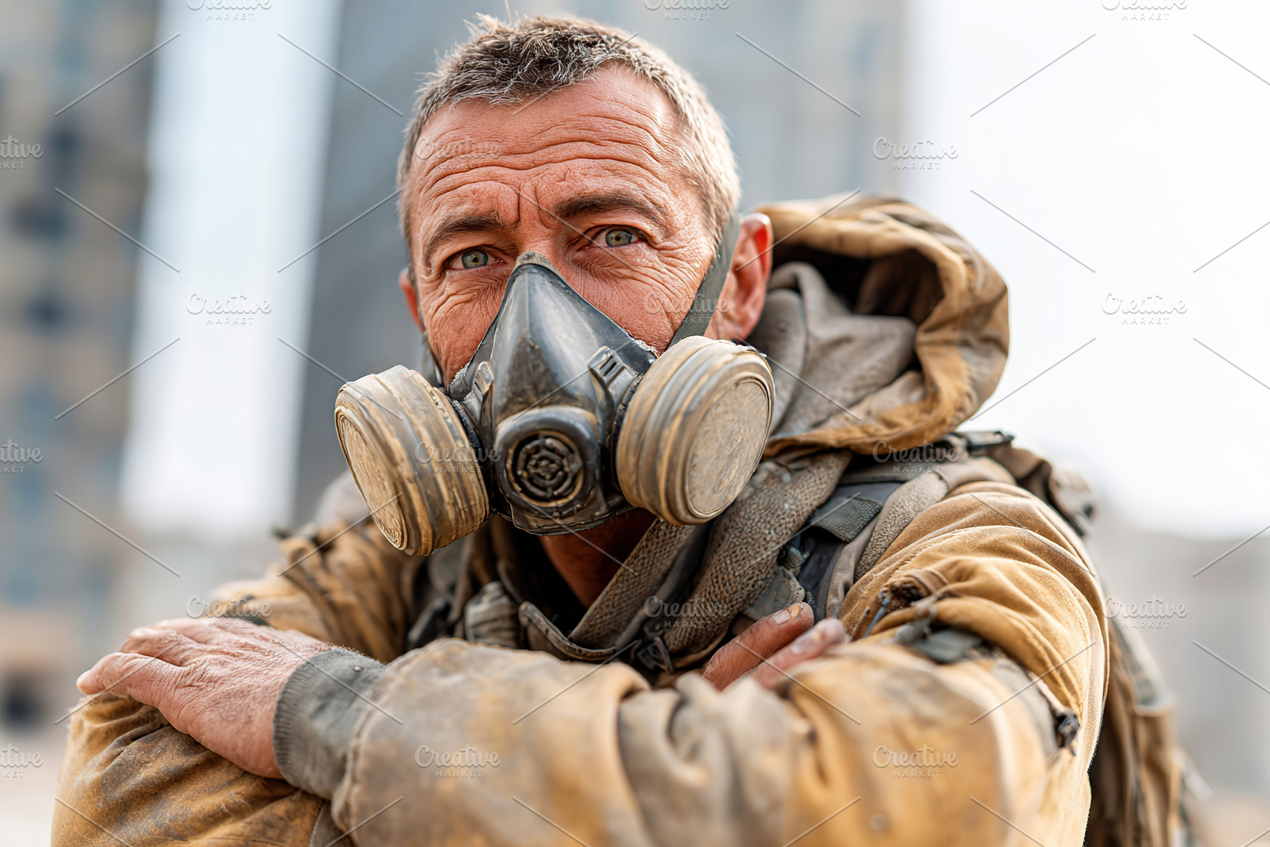 Worker in protective gear poses against a blurred urban background during dayti, a Photo by AlyaAnd