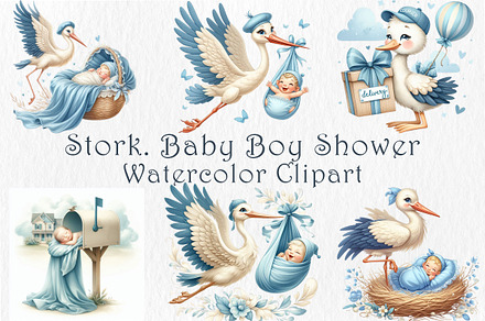 Stork and Baby Boy Shower Clipart