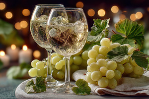 Two glasses of white wine with ice and fresh green grapes on tab, a Holiday Photo by José Manuel Gelpi