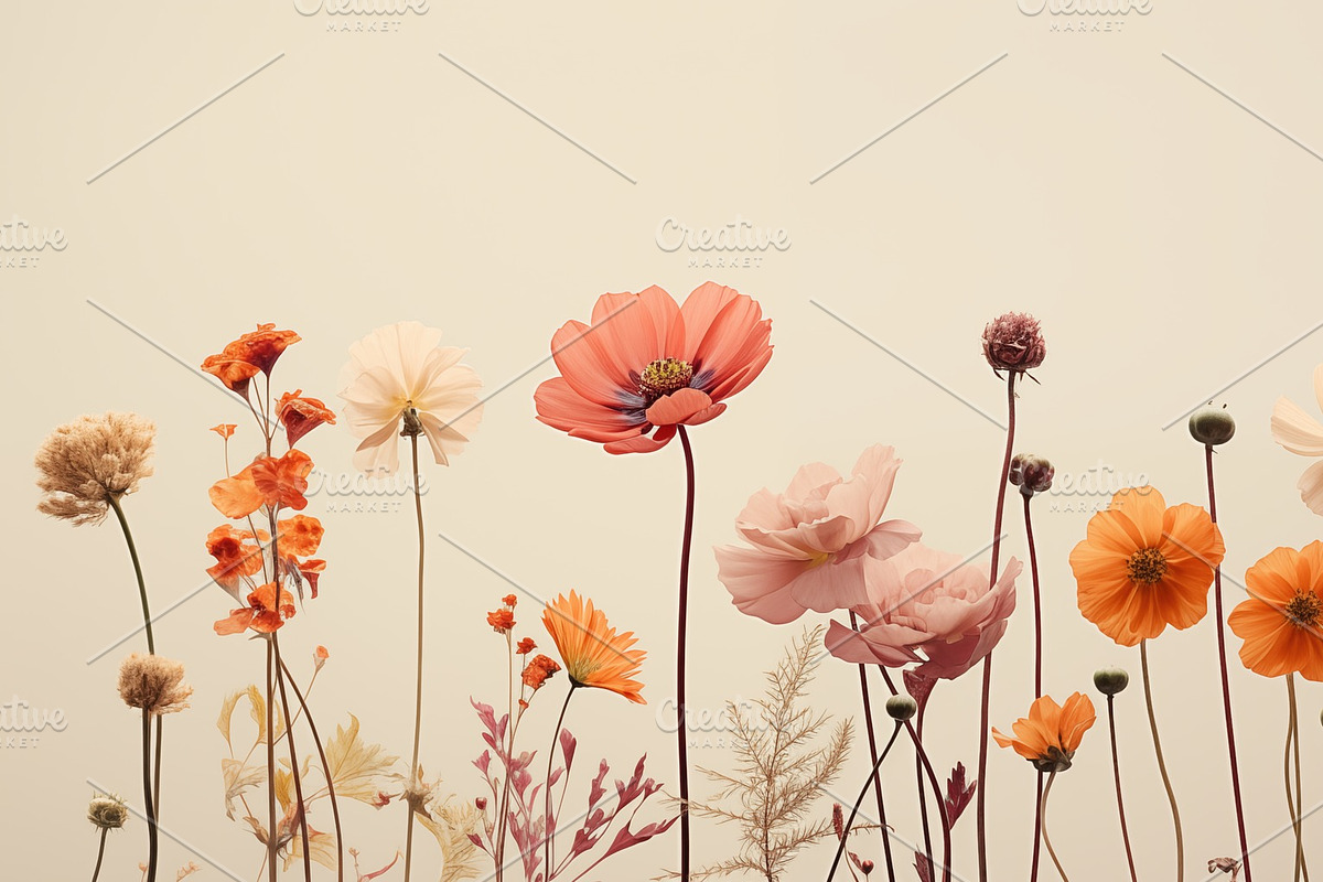 A minimalistic beautiful arrangement of various flowers in soft pastel colors,, a Decorative Illustration by Textures & Backgrounds