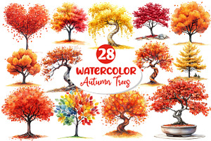 Watercolor Autumn Trees Clipart, an Illustration by Dream Creation