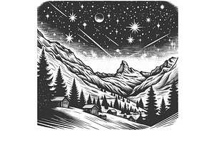 Night Sky Over Mountain Landscape, an Illustration by AlexArt