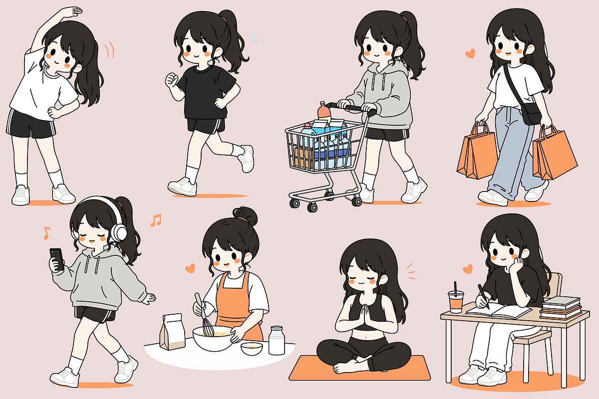 Girl Daily Activities Set Cartoon, a Person Illustration by Artpon Illustration (Photo 2 of 3)
