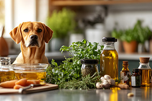 Dog in kitchen with herbs and natura, an Animal Photo by Photostock
