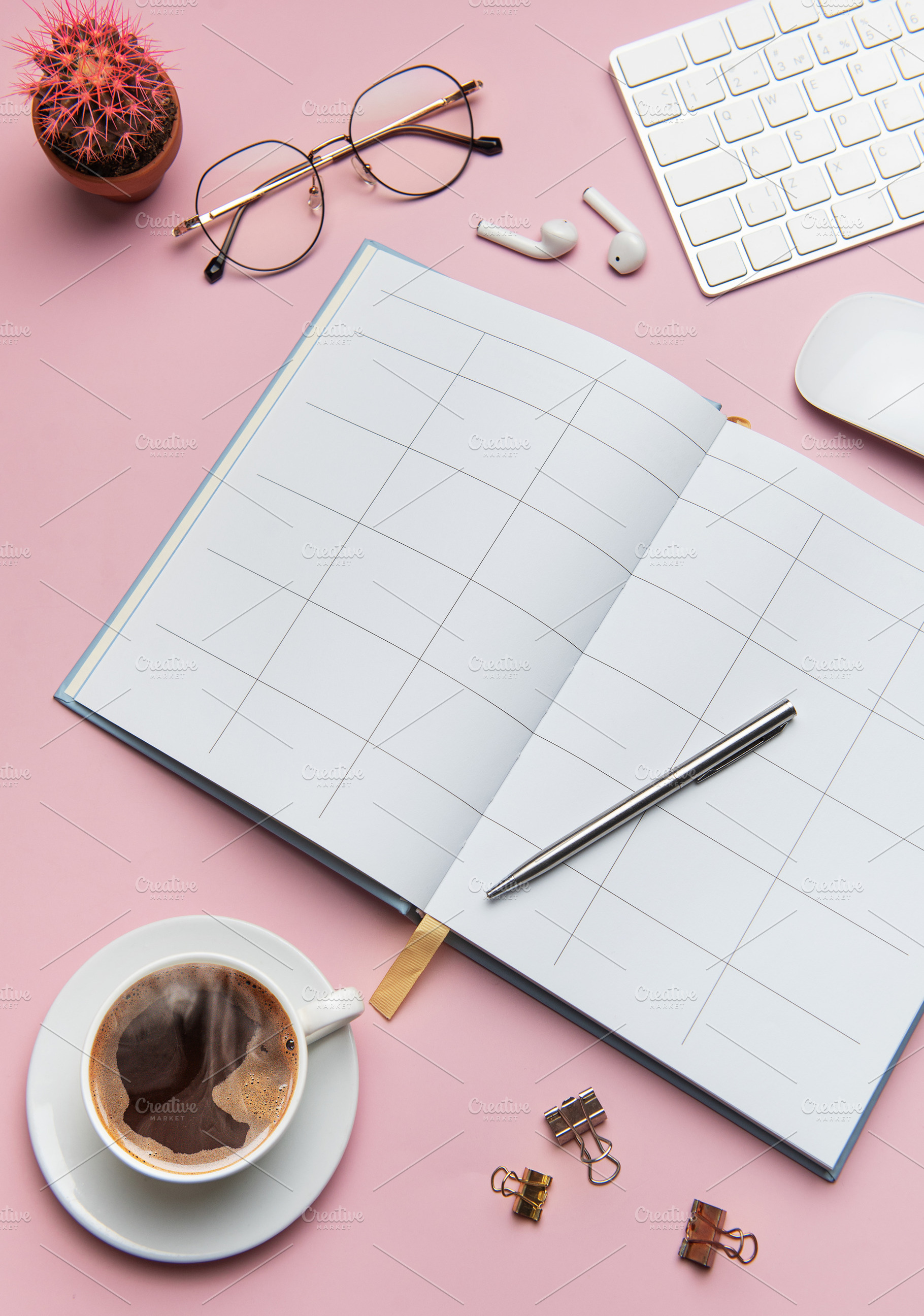 Open notebook, coffee, cactus, glasses, earphones, pen, keyboard, a Business Photo by Olena Rudo