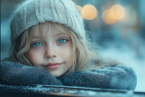 A young girl with long blonde hair and striking blue eyes gazes softly through, a Person Photo by ImageMir