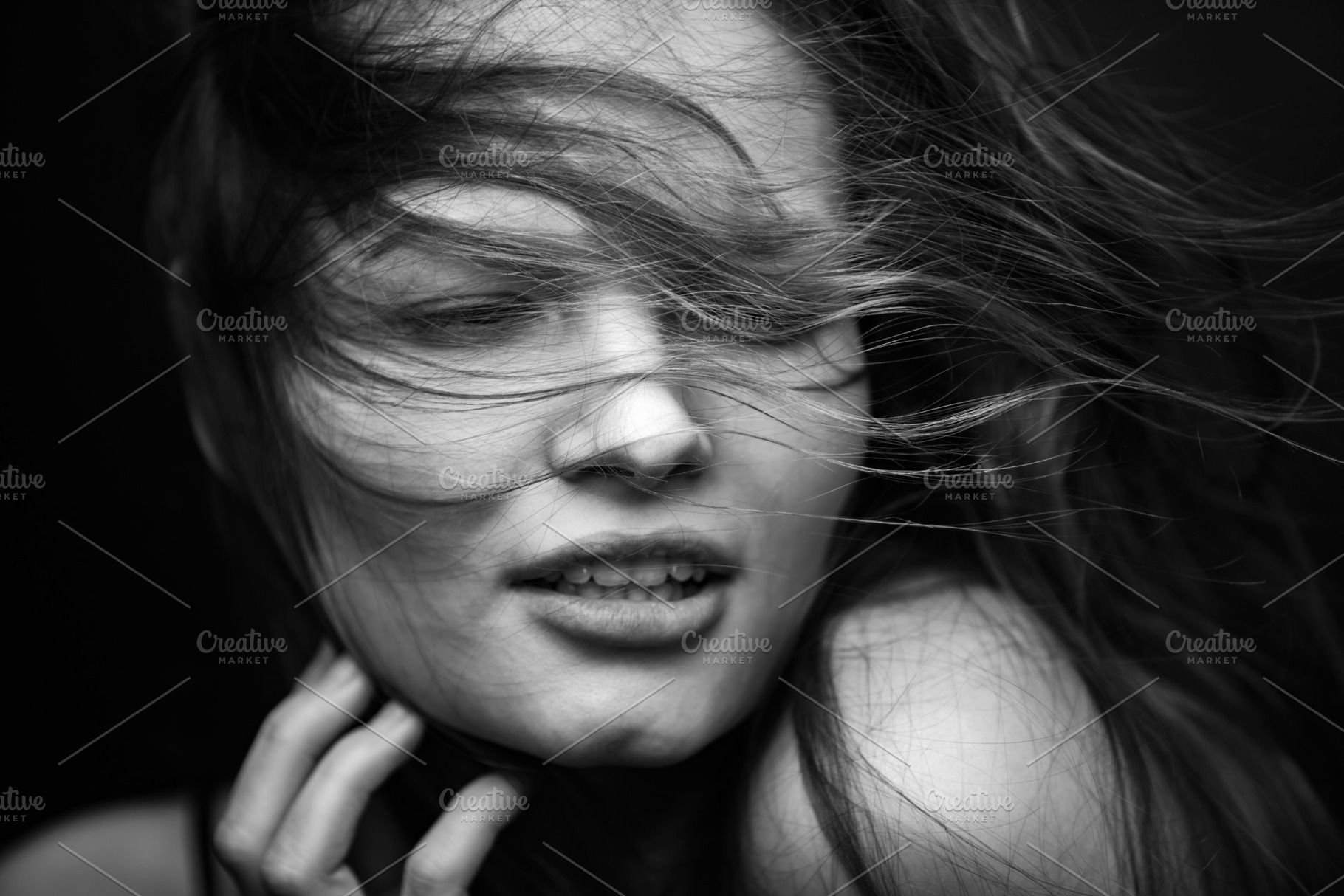 Dramatic black and white portrait of stock photo containing face and natural, a Beauty & Fashion Photo by sport&beauty stock photo