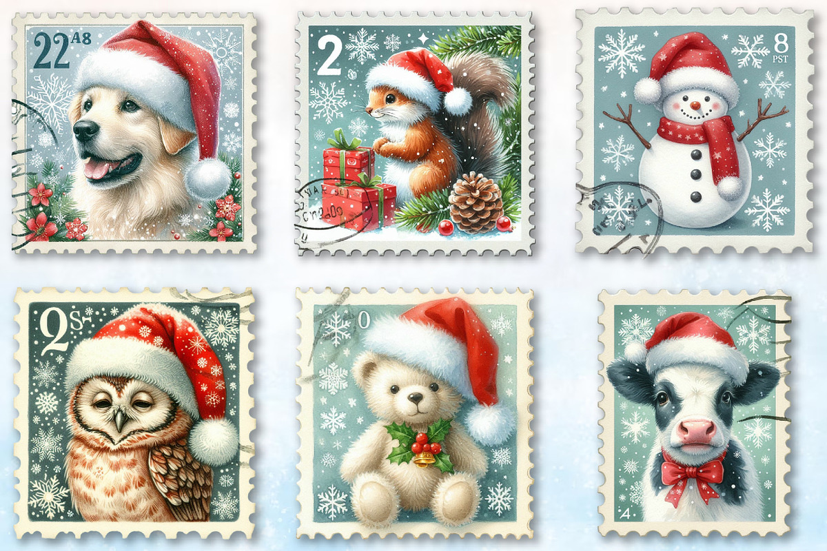 Christmas Animal Postage Stamps Clip, a Seasonal Illustration by Rose Art (Photo 2 of 7)