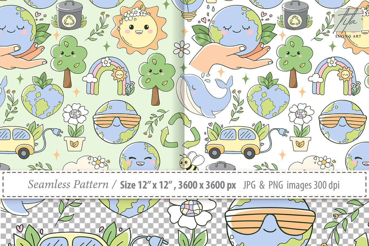 Pastel Earth Day Seamless Pattern, a Decorative Illustration by TitaLivingArt (Photo 2 of 8)