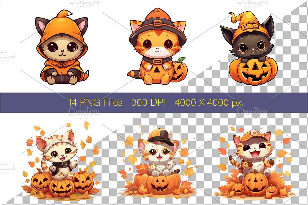 Cute Kawaii Cats for Halloween., an Animal Illustration by KENO Mascots (Photo 3 of 8)