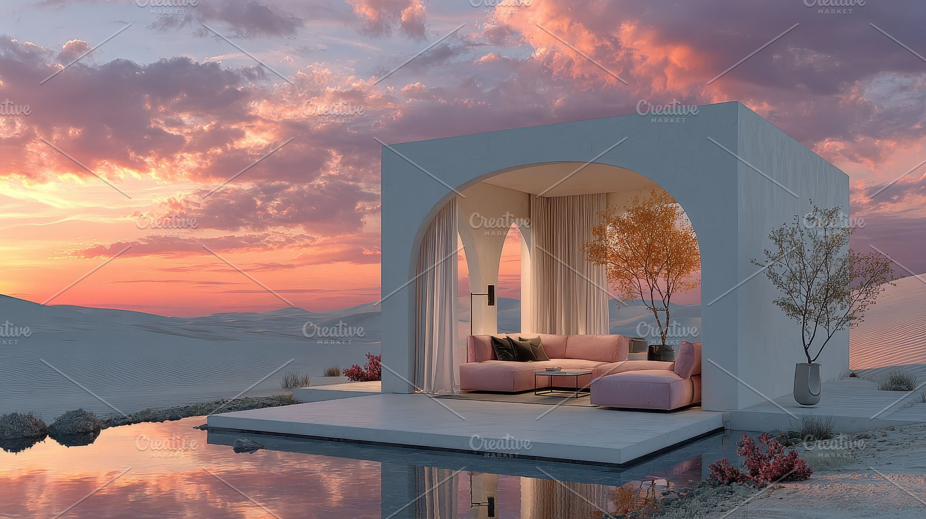 Desert Oasis Sunset Modern Pink Sofa, a Photo by Pixeness Studio