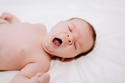 A newborn yawning in studio lighting against white, a Person Photo by rubenchase