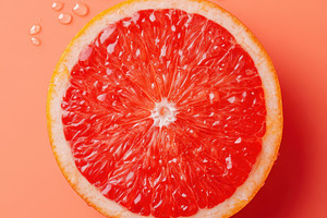 Fresh grapefruit half with water droplets, a Food & Drink Photo by AlyaAnd